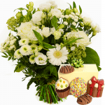 Boeket witte bloemen met feestchocolade 250 gram