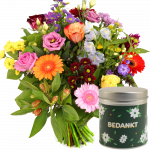 Bont boeket bedankt bloemen + snoep blikje bedankt