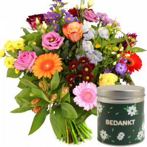 Bont boeket bedankt bloemen + snoep blikje bedankt