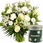 Boeket springerig wit + snoep blikje bedankt