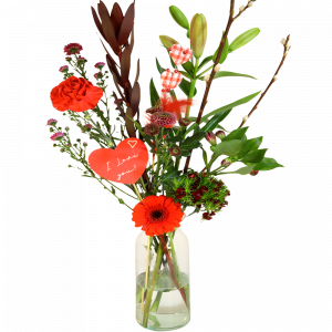Liefde plukbloemen roze rood in glazen vaas ca. 30 cm hoog