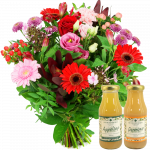 Boeket roze rood en 2 flessen Olmenhorst sappen