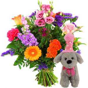 Festival boeket + grijze feestmuts knuffel