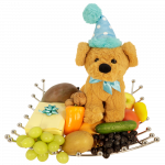 Feest fruitschaal RVS met feestchocolade en feestknuffel