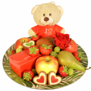 Liefsdes fruitbord met I love you knuffel en hartjes chocolade en verse rode roos