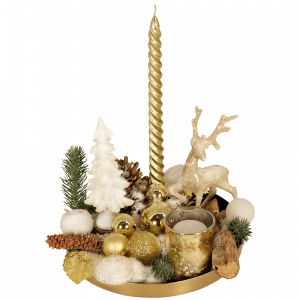 Plateau kerststuk goud wit met draai kaars