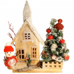 Huis van hout met kerstboom met kerstpop en kerstverlichting en batterijen