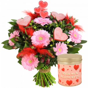 Boeket van de liefde harten en vere + blikje hartjes snoep "voor mijn allerliefste"