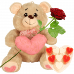 Knuffelbeer ca. 30 cm licht bruin met roze hart+ verse rode roos + doosje met 8 hartjes waxinelichtjes