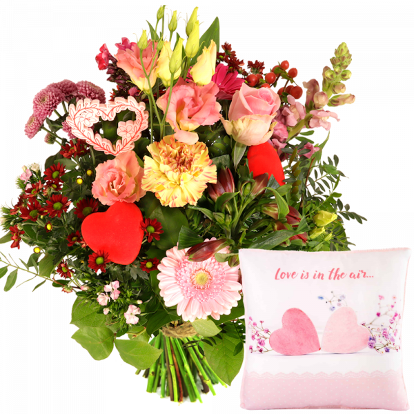 Romantisch boeket roze rood met romantisch hart en rode harten + lig kussen Love in the air