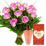 Boeket roze rozen incl. bladmateriaal + flesje gratis parfum rozen geur