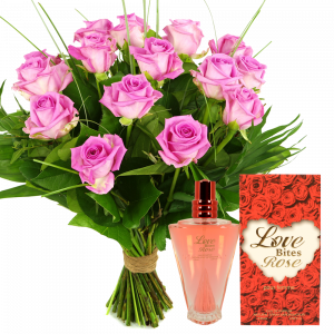 Boeket roze rozen incl. bladmateriaal + flesje gratis parfum rozen geur