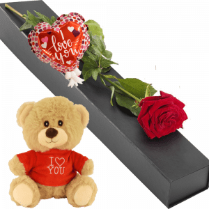 Luxe zwarte geschenkdoos met rode roos met hartjes ballon + knuffelbeertje i love you met rood shirt
