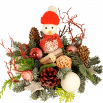 Kerststuk wit rood met sneeuwpop versturen